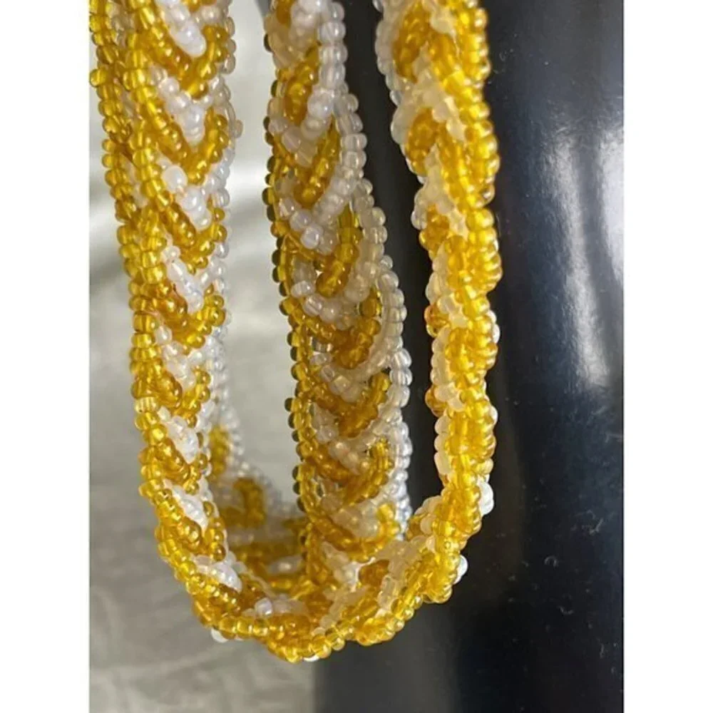 1920s Sautoir Long Yellow n White Glass Beaded Lariat Flapper Necklace Fringe